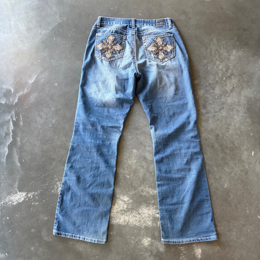 Love Indigo Women Blue Bootcut Cross Embroidered Pocket Jeans Size 10